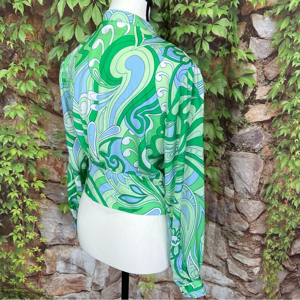 MOHITO Mod 60sStyle Green and Blue Cropped Swirl Blouse, 36/Small/4-6 - Picture 11 of 14